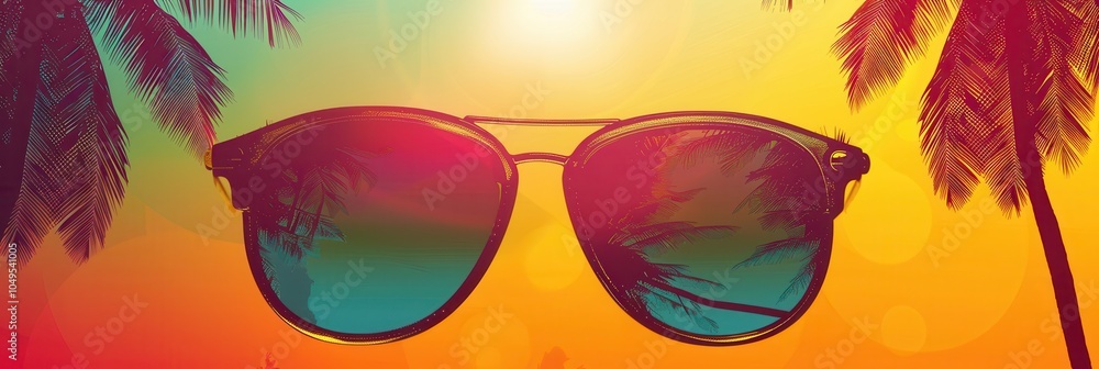 Poster a vibrant sunset illuminates palm trees while a pair of sunglasses stands out against the colorful b