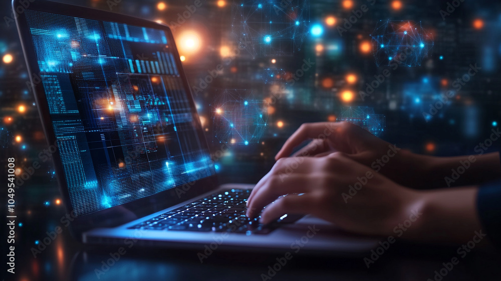Aufkleber a person types on a laptop surrounded by digital data graphics in a modern workspace