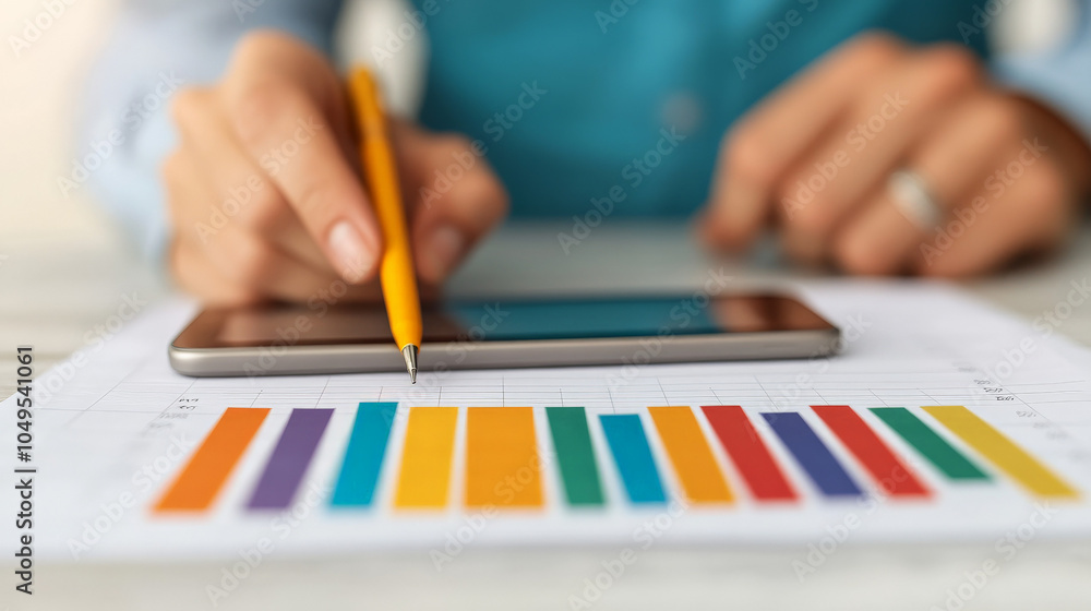 Poster analyzing the data: a close-up shot of a hand pointing at a colorful bar graph on a tablet, symboliz
