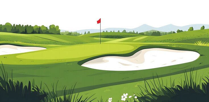 Flat design illustration of a golf course with a flag, green grass, and a sand bunker in the background
