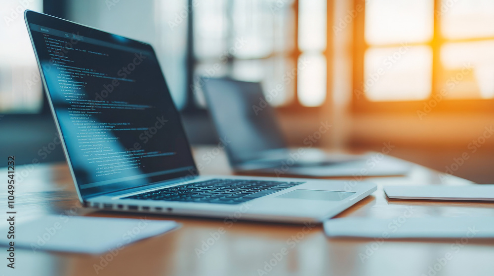Poster code and collaboration: a close-up of a sleek laptop with code displayed on the screen, sitting on a