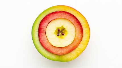2410_015.stacked apple cross-sections, green outer layers, red middle rings, yellow core slice, botanical illustration style, pure white background, emphasis on color gradation