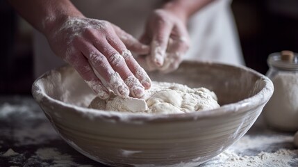 Fototapeta premium 2410_020.intimate view of dough-making process, flour-covered palm in ceramic mixing bowl, subtle textures, diffused light, monochromatic baking imagery, emphasis on craftsmanship