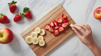 2410_026.overhead view of fruit preparation, wooden cutting board, sliced strawberries bananas and apples, hands chopping fruit, white marble countertop, bright natural lighting