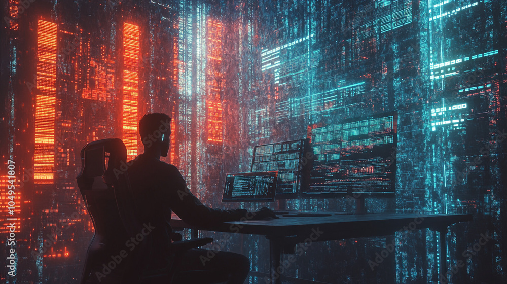 Aufkleber a person working at a high-tech computer workstation surrounded by digital data visuals at night