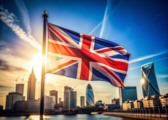 British Flag Waving in the Wind Against a Clear Blue Sky - Iconic UK National Symbol for Urban