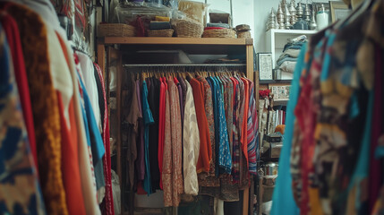 A Colorful Clothing Store Featuring Eclectic Tops and Accessories.