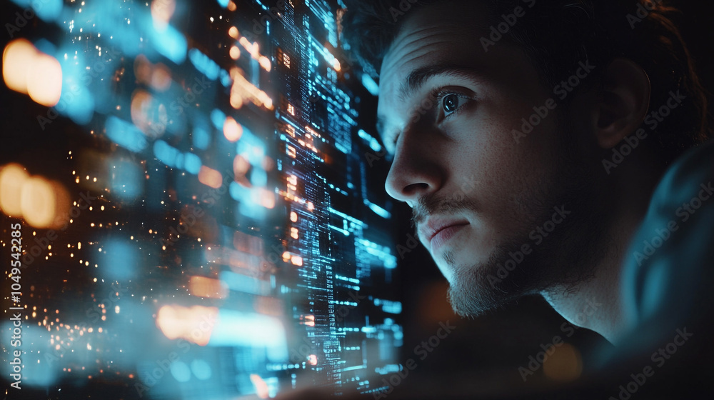 Poster young man focused on computer screen displaying vibrant data visualizations at night