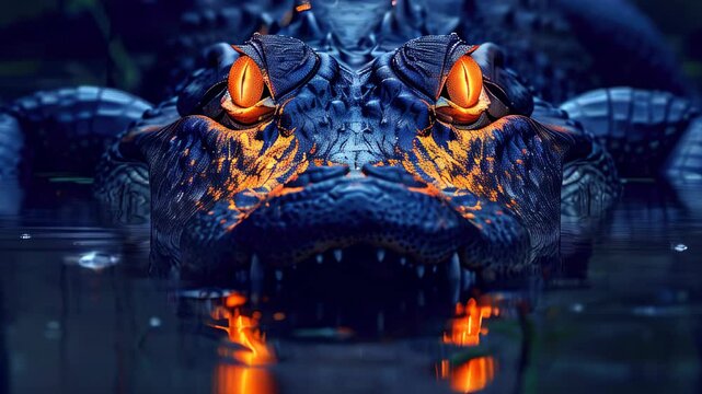 Crocodile lurking in the water's surface, showcasing vibrant eyes and intricate patterns at dusk