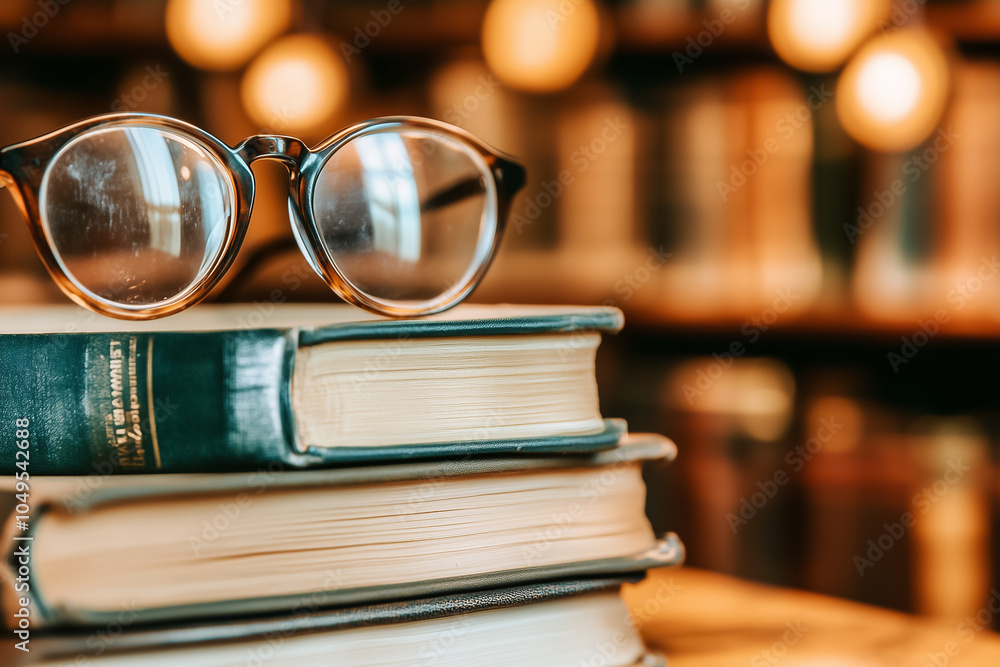 Poster a stack of vintage books sits topped with round glasses, creating an inviting atmosphere perfect for
