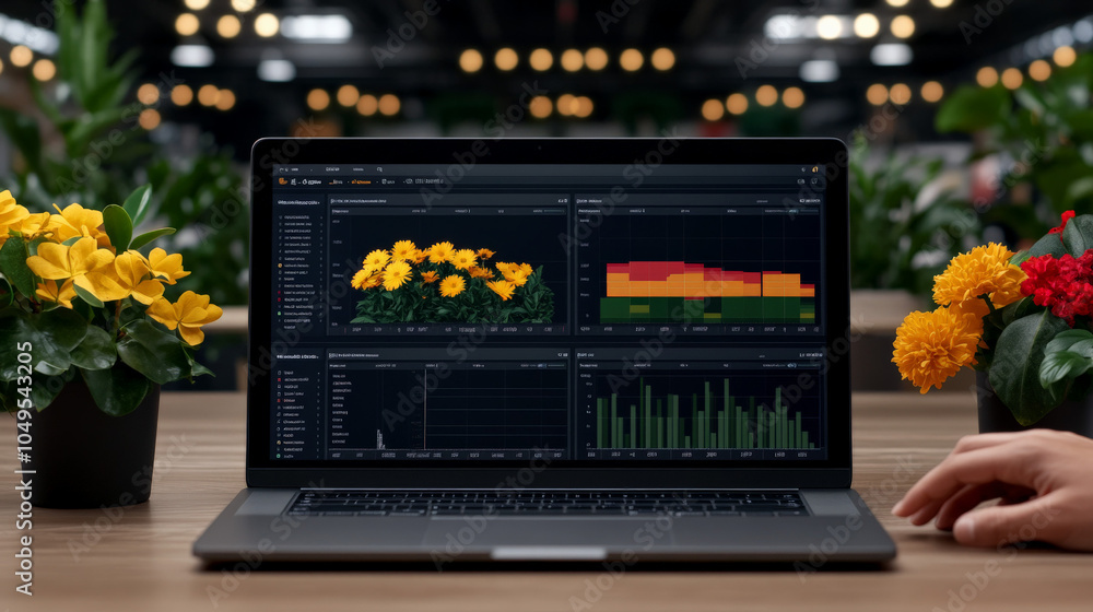 Poster agtech dashboard: precision farming data analysis on laptop