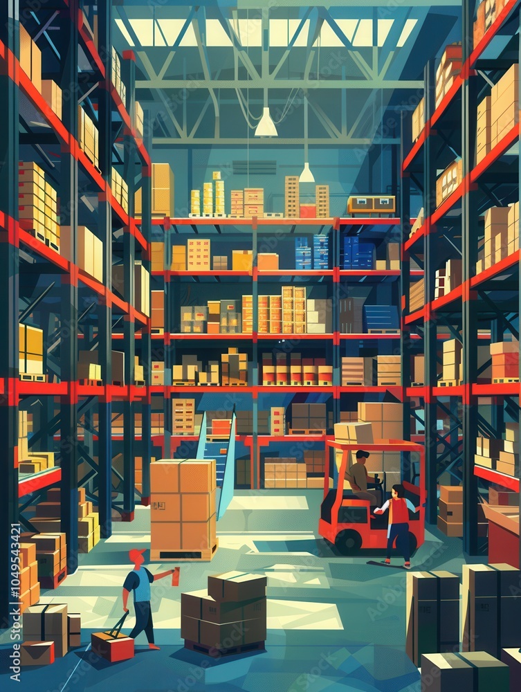 Leinwandbilder A team of workers is efficiently moving boxes and pallets in a bustling warehouse with stacked shelves filled with products. Generative AI