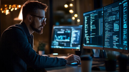 Focused tech enthusiast coding at night with multiple monitors illuminating the workspace