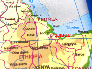 Naklejka premium Close-up photo of the country DJIBOUTI with its surrounding major cities on a world map