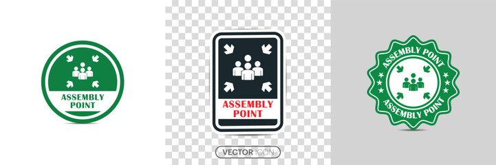Assembly point icon set. Different style icons set. Emergency Assembly point rubber stamp icon style. Emergency evacuation assembly point icon or logo sign symbol. vector illustration