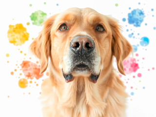 Portrait of a cute golden retriever dog with colorful watercolor background