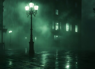 Naklejka premium foggy night in the city square, with street lamps