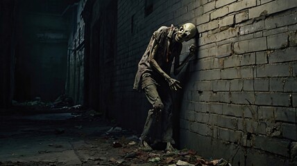 A zombie figure reaching out from behind a dark, crumbling wall, with tattered clothes and lifeless, hollow eyes 