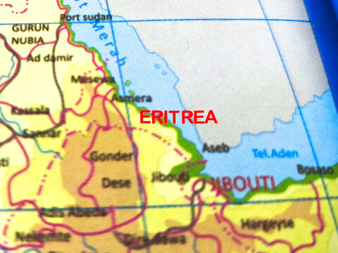 Close-up photo of the country ERITREA with its surrounding major cities on a world map