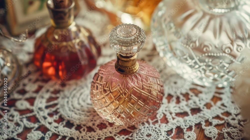 Poster a glimpse into the past with a curated selection of vintage perfume bottles adorned with intricate p