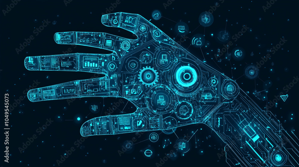 Poster futuristic robotic hand showcasing intricate digital circuits and data visuals on a dark background