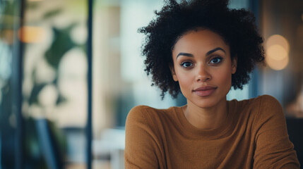 Woman with curly hair in a cozy café, enjoying a moment of reflection during the afternoon