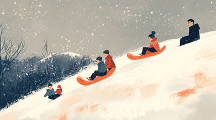 Children sledding down a snowy hill with parents watching from the top
