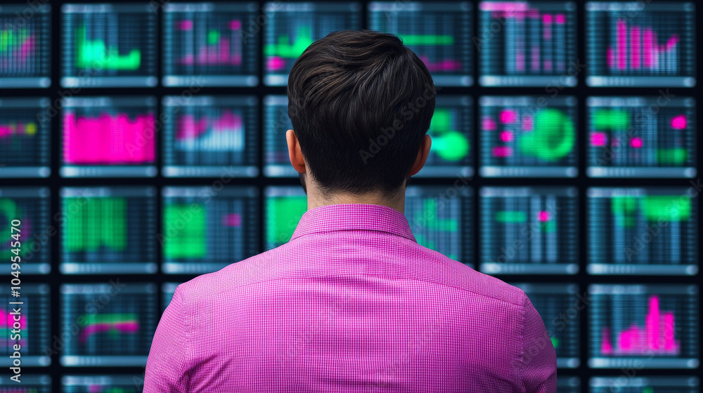 Poster data driven decisions: a businessman stands before a wall of digital screens displaying intricate da