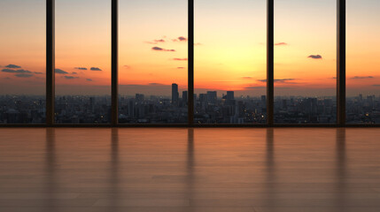 Obraz na płótnie Canvas Cityscape Sunset Panorama: A breathtaking view of a modern city skyline at sunset, seen through expansive floor-to-ceiling windows of a sleek, contemporary office space.