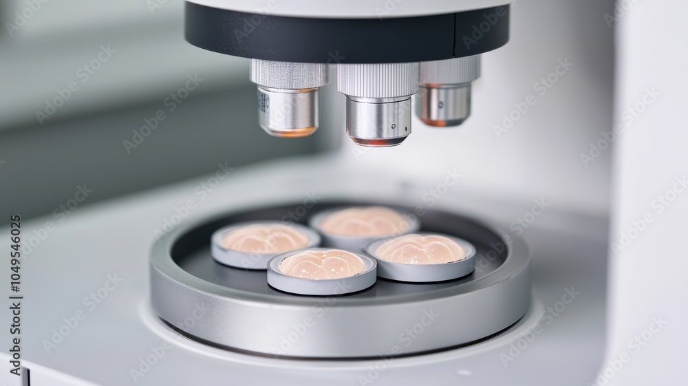 Poster a microscope is focused on five samples arranged on a stage, showcasing a typical laboratory setting