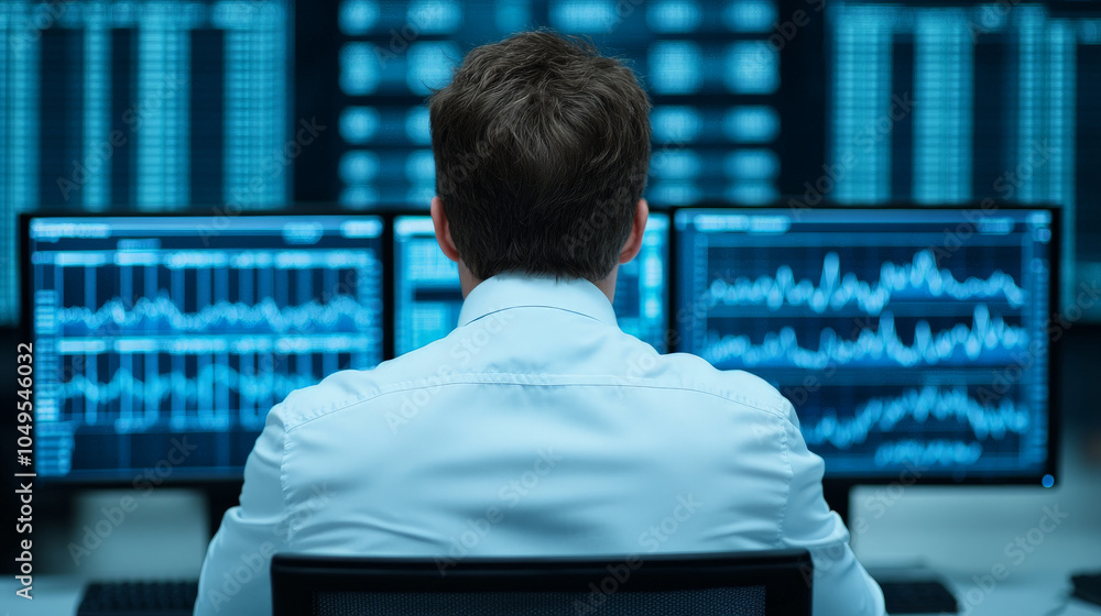 Poster the analyst: a lone figure, immersed in a sea of data, sits before multiple monitors displaying comp