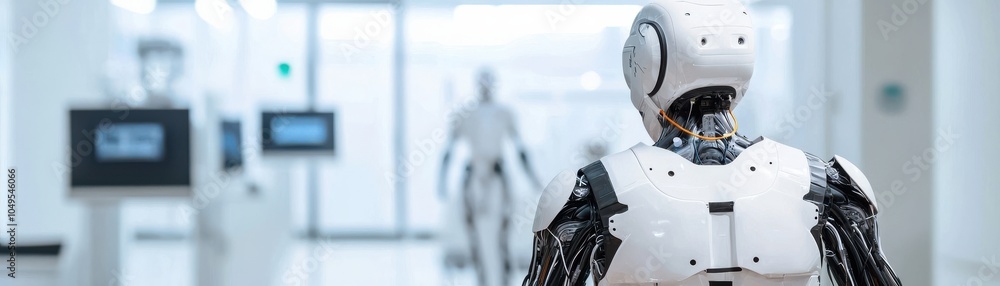 Poster a humanoid robot stands in a futuristic, sterile environment, observing another robot in the backgro