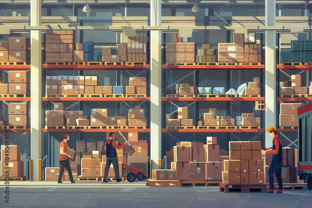 Aufkleber team members are transporting boxes and pallets in a bustling warehouse aisle filled with stacked go
