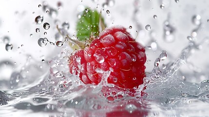 Experience the vibrant splash of a fresh raspberry as water droplets create a mesmerizing effect on a bright white background showcasing the beauty of nature's juicy delights