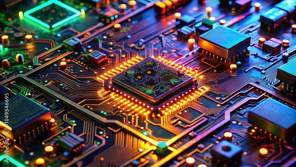 Poster closeup of a circuit board with glowing components - technology and innovation in electronics