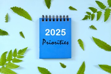 New year 2025 life goal, resolution and priorities concept. Wooden blocks in natural morning...