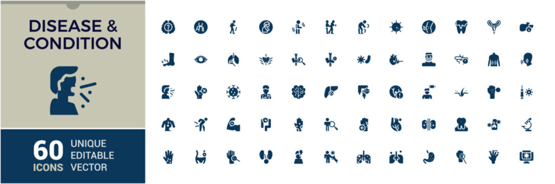 Disease vector solid icons set. Related to cough, ill, health, allergy, sick, hospital and more. Pixel perfect. Vector icons editable glyph.
