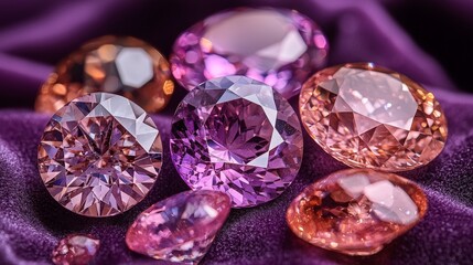 A collection of sparkling pink and purple gemstones on a rich purple fabric background.
