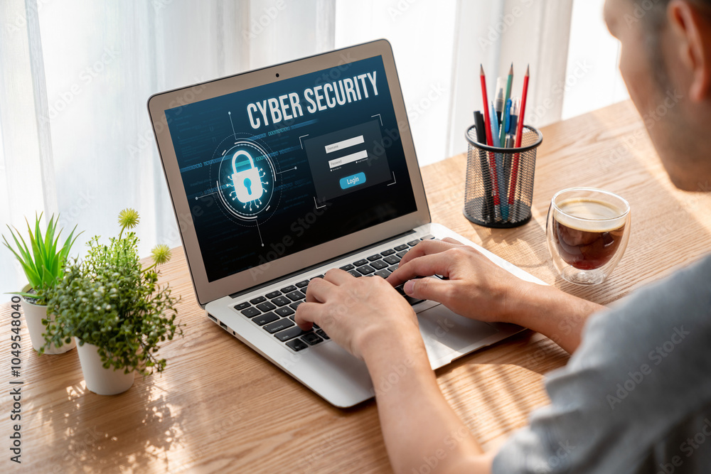 Poster cyber security system on computer screen protect private information snugly from hacker and cyber at