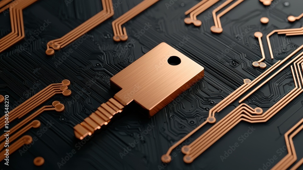 Wall mural copper key on a circuit board, symbolizing digital security and technology.