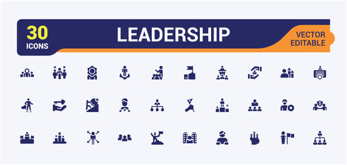 Leadership solid web icon set. Contains related to organization, discussion, expertise, responsibility, coaching, delegation and more. Pixel perfect. Editable glyph. Vector illustration.