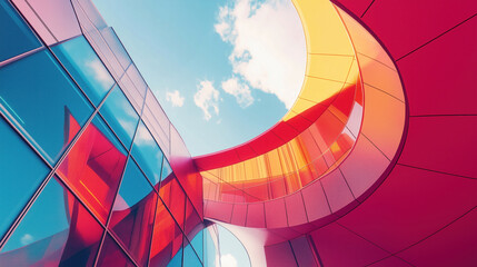 Obraz premium curved bright colorful abstract background prism fantasy architectural wallpaper sunlight blue yellow orange pink cityscape at sunset architecture backdrop