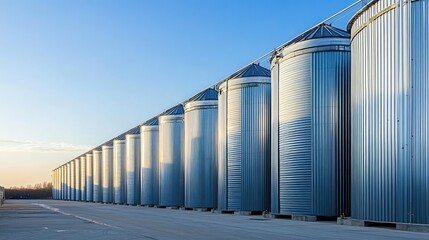 Fototapeta premium A row of cylindrical silos beside a large warehouse, with clean paved areas, industrial equipment, and a clear blue sky.
