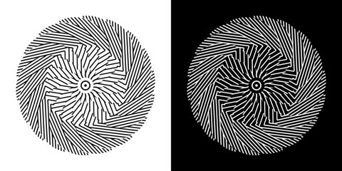 Abstract background with lines pattern in circles. Spiral art design as logo or icon. A black figure on a white background and the same white figure on the black side.