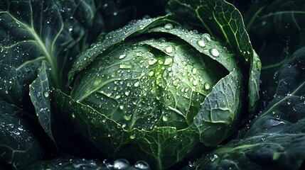 Obraz premium 2410_089.crisp cabbage layers, sparkling water pearls, deep focus image, chiaroscuro effect, freshness concept, raw food photography, leaf architecture, dark food styling