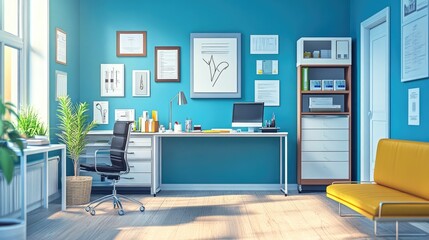 Bright, organized healthcare office with medical devices, ideal for clinical promotions and healthcare business branding