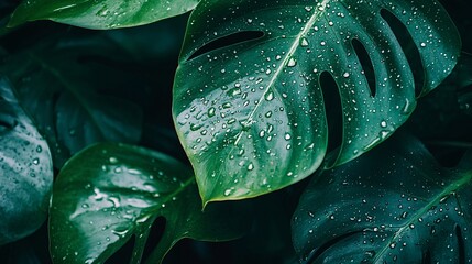 Fototapeta premium 2410_019.rainforest flora close-up, monstera leaf veins, condensation droplets, diffused sunlight, verdant color palette, biodiversity showcase, atmospheric nature portrait