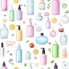 Watercolor style seamless pump bottle pattern, isolated on white background. cutout png