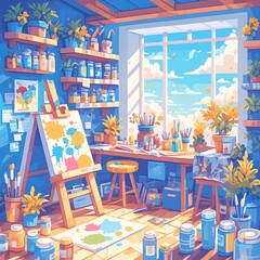 Fototapeta premium Colorful Art Studio Illustration with a Window View