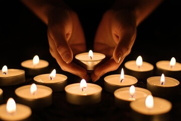 Hands gently holding a lit candle surrounded by multiple glowing candles in a dark setting.